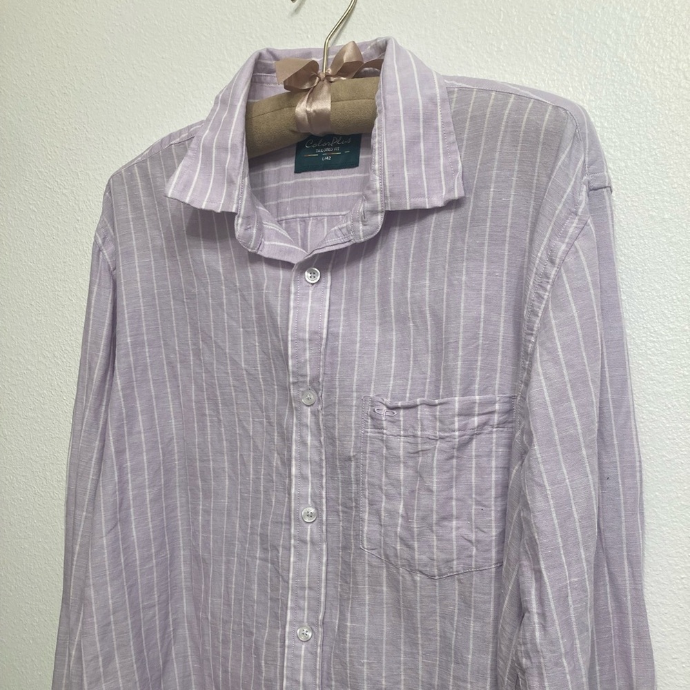 3/$15 ColorPlus Button Up Linen Blend Shirt Menβs L /42 Tailored Office Summer - Picture 2 of 6